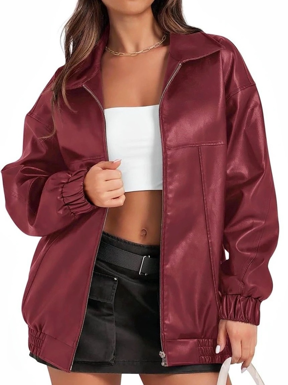 Burgundy Faux Leather Zip Up Elastic Hem Bomber Jacket, Large